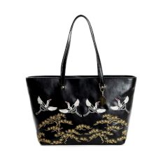 Black Tote Adorned With Golden Floral Bird Embroidery