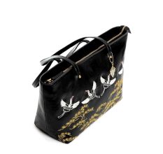 Black Tote Adorned With Golden Floral Bird Embroidery