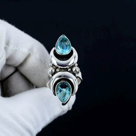 Blue Topaz Crescent Moon 925 Sterling Silver Ring Handmade Boho Jewelry