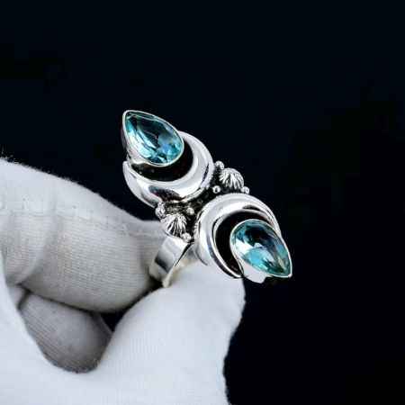 Blue Topaz Crescent Moon 925 Sterling Silver Ring Handmade Boho Jewelry