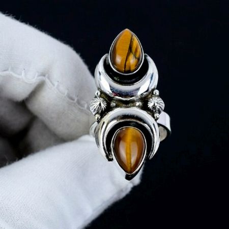 Tiger Eye Moon 925 Sterling Silver Ring Handmade Boho Jewelry