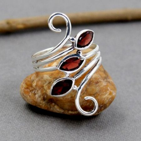 Garnet Three Stone 925 Sterling Silver Ring Handmade Boho Jewelry
