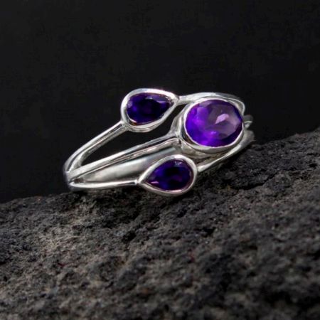 Three Amethyst 925 Sterling Silver Ring Handmade Boho Jewelry