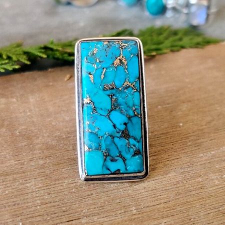 Blue Copper Turquoise Cabochon 925 Sterling Silver Ring Handmade Boho Jewelry