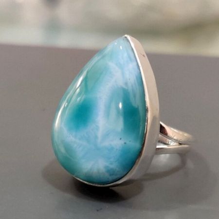 Dominican Larimar 925 Sterling Silver Ring Handmade Boho Jewelry