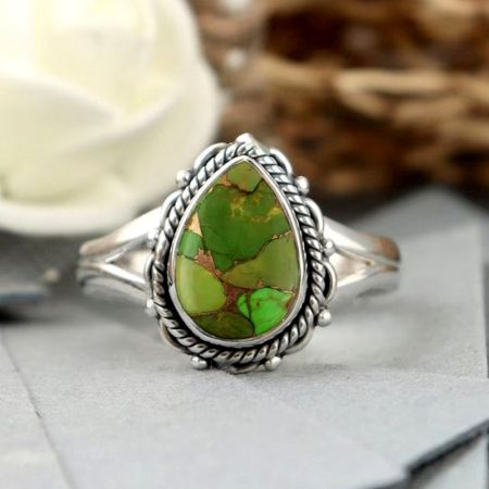 Handmade Green Turquoise Ring 925 Sterling Silver Boho Gemstone Jewelry