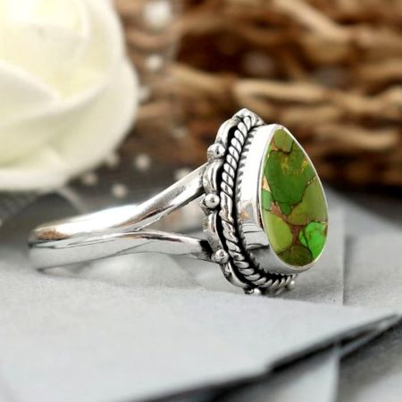 Handmade Green Turquoise Ring 925 Sterling Silver Boho Gemstone Jewelry