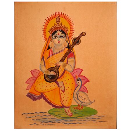 Hand Painted Goddess Saraswati Vintage Kalighat Paper Painting