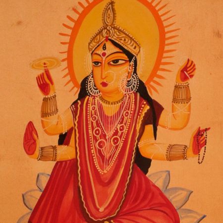 Vintage Art Kalighat Paper Painting of Hindu Goddess for Decor