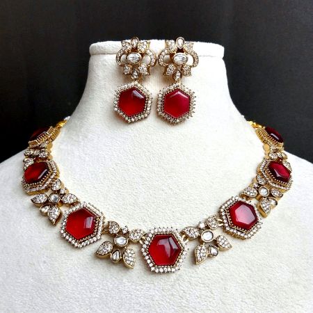 Red Stone Bridal Necklace Set with Earrings