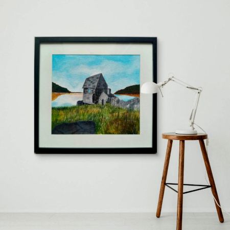 Handpainted Rustic Lakeside Cottage Amid Rolling Hills