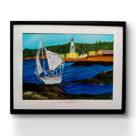 Handpainted Sailboat and Lighthouse Scene with Blue Waters