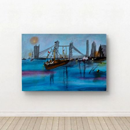 Handpainted City Harbor with Bridge and Sailing Boats
