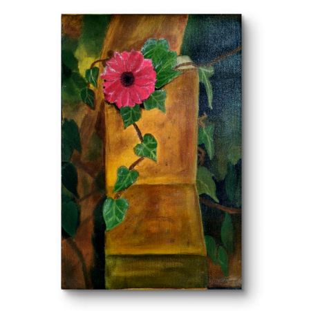 Handpainted Single Pink Blossom Climbing Rustic Pillar