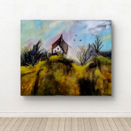 Handpainted Hilltop House with Birds and Autumn Trees