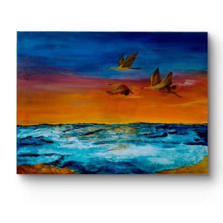 Handpainted Birds Soaring Over Ocean at Sunset