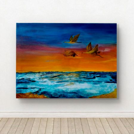 Handpainted Birds Soaring Over Ocean at Sunset