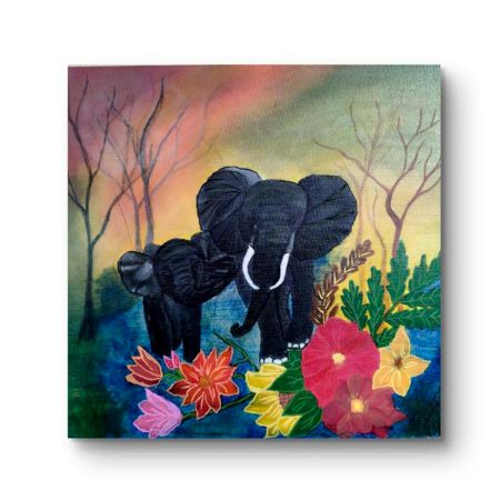 Handpainted Mother Elephant and Calf with Vibrant Flowers