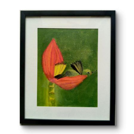 Handpainted Hummingbird Feeding at Vibrant Red Bloom