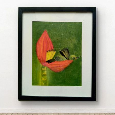 Handpainted Hummingbird Feeding at Vibrant Red Bloom