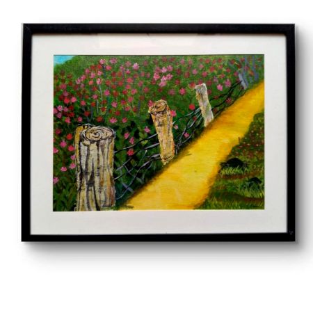 Handpainted Rustic Fence Lined Path with Blooming Flowers