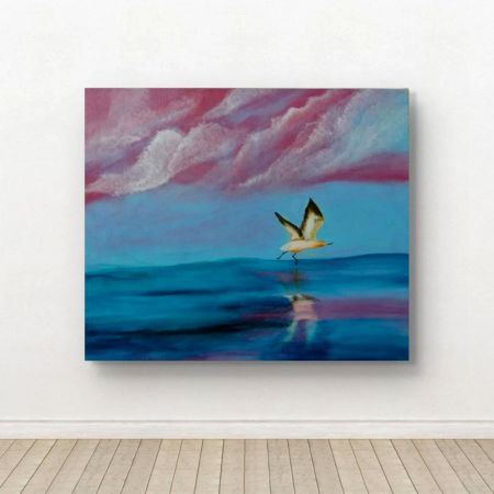Handpainted Seabird Skimming Serene Ocean Under Pink Clouds