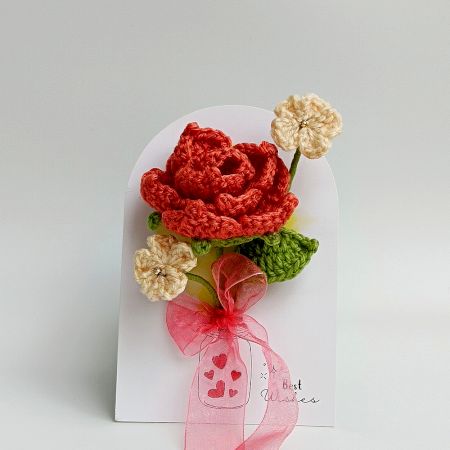 Handmade Coral Crochet Rose With Ivory Accent