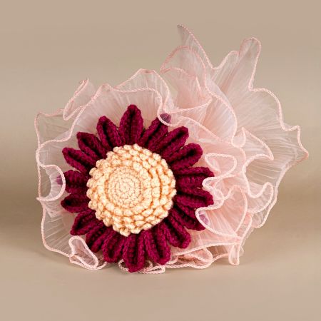 Burgundy Crochet Daisy On Whimsical Pink Tulle