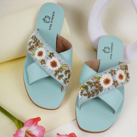 Turquoise Cross Over Slip Adorned with Daisies