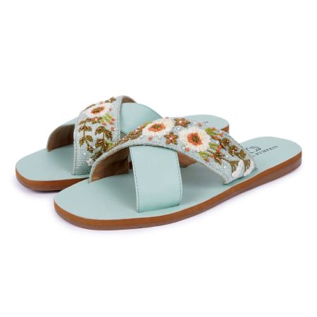 Turquoise Cross Over Slip Adorned with Daisies