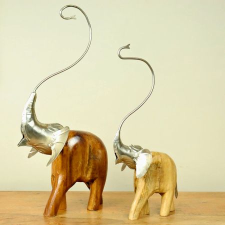 Hand Carved Wooden Elephant Pair Boho Statue Pair Of 2