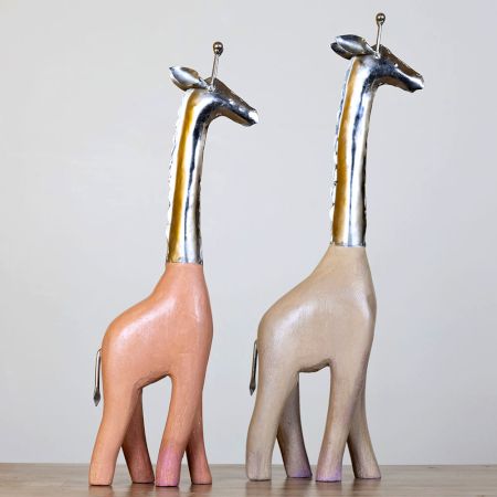 Rustic Giraffe Sculpture Pair Wood Metal Decor Pair Of 2