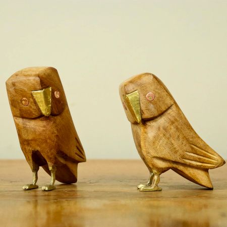 Handcarved Wooden Owl Figurines Sculpture Pair Of 2