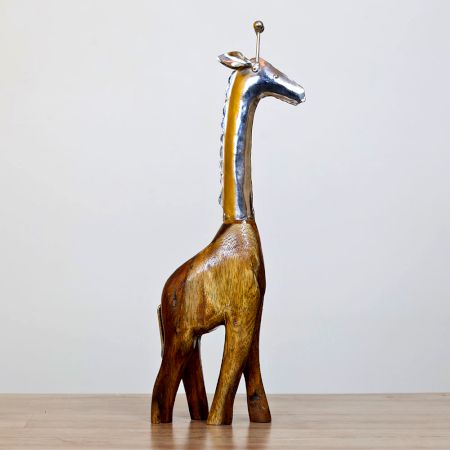 Handcrafted Mango Wood Giraffe Figurine Metal Decor