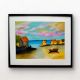 Handpainted Sunny Coastal Village Landscape with Boats
