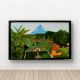 Handpainted Tropical Garden View with Distant Blue Mountain