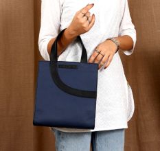 Compact Navy Charcoal Leather Handbag Zipper Closure