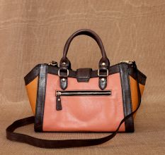 Blush Peach Black Leather Handbag with Magnetic Closure
