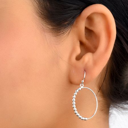 92.5 Sterling Silver Hoop Earrings Decorated With  Silver Beads On Outer Edge