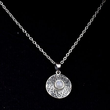 Round Grey Stone Engraved 92.5 Sterling S silver Pendant Jewelry
