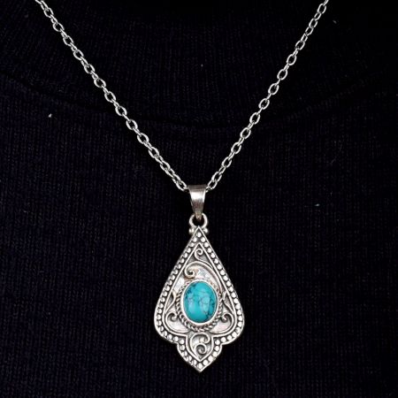 Engraved Leaf Turquoise 92.5 Sterling Silver Pendant