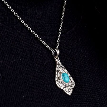 Engraved Leaf Turquoise 92.5 Sterling Silver Pendant