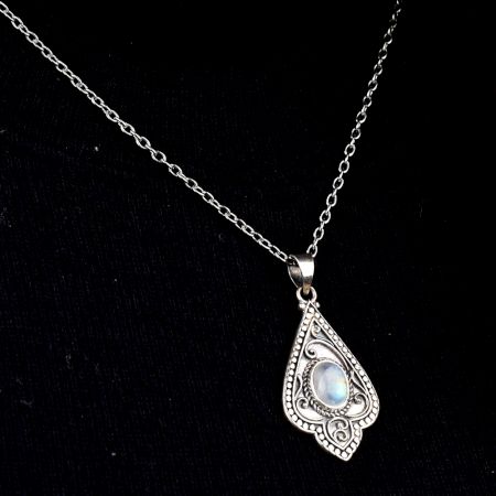 Moonstone Engraved Leaf 92.5 Sterling Silver Pendant