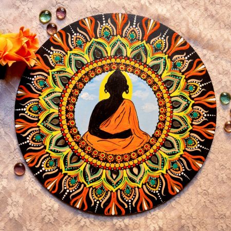 Handpainted Meditating Buddha Mandala Wooden Wall Art