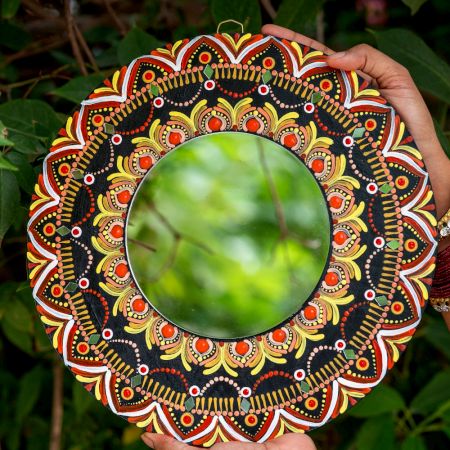 Handcrafted Sringar Mandala Wooden Mirror Wall Accent