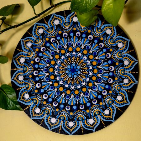 Handpainted Aparajita Blue Floral Evil Eye Wooden Mandala