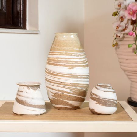 Handmade Ceramic Striped Vases by Artist Meena Vohra Set Of 3