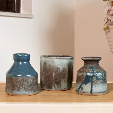 Premium Ceramic Blue Vases by Artist Meena Vohra Set Of 3