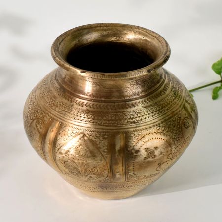 Traditional Handcrafted South Indian Brass Water Pot with Carvings