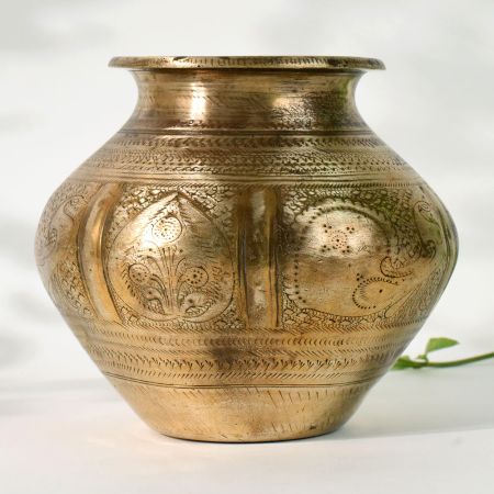 Traditional Handcrafted South Indian Brass Water Pot with Carvings